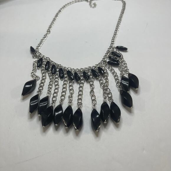 Necklace collar costume jewelry silver tone and black faux jewels chain link - Picture 6 of 9